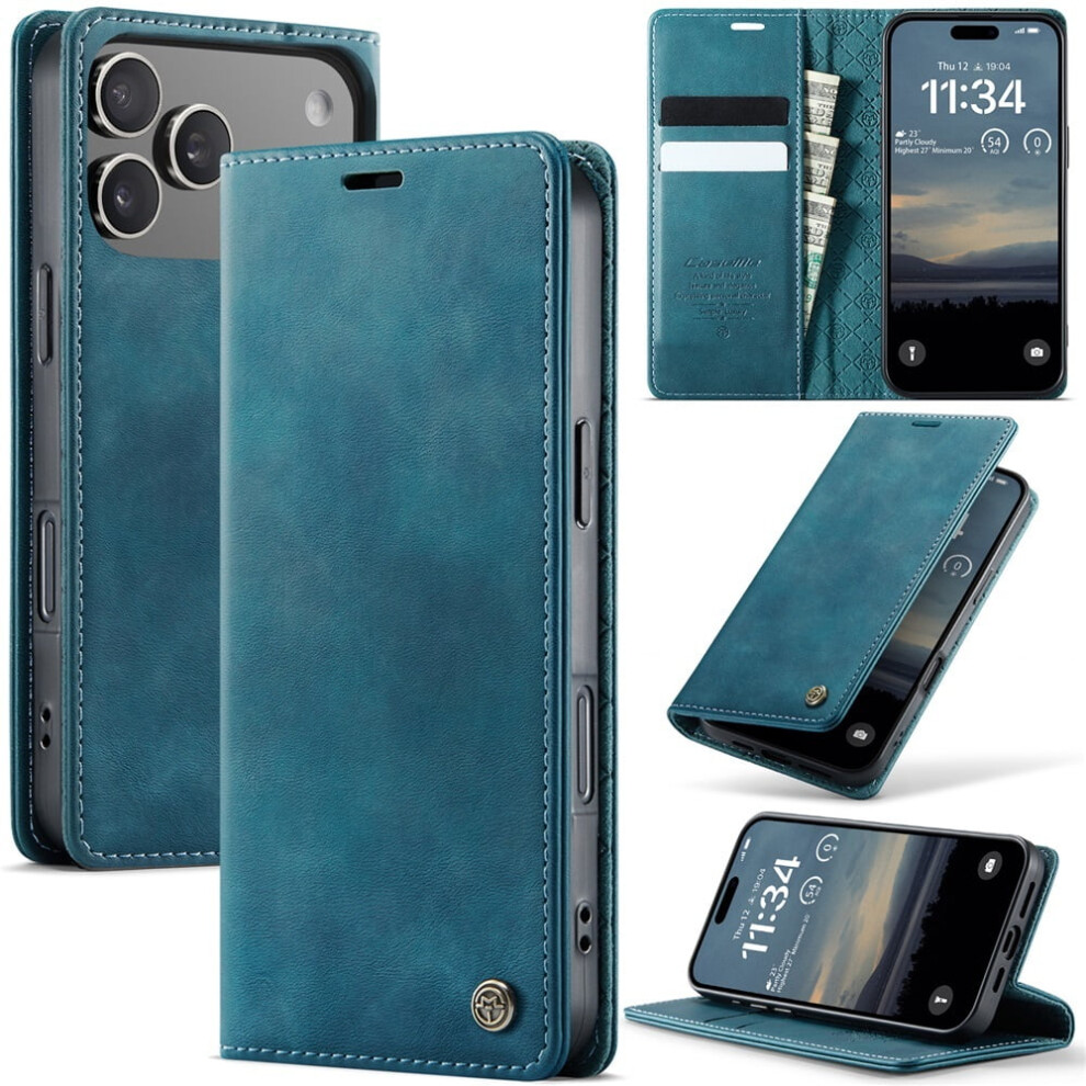 Caseme Calf Leather Wallet Case For Iphone 17 Pro 6.3" – Rfid Blocking, Magnetic Closure, Card/Cash Slots, Kickstand, Shockproof, Blue 9340959353071