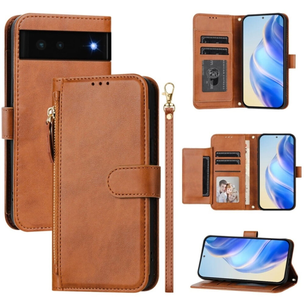 For Google Pixel 6 6.4-Inch Wallet Case For Women Men Multi-Card Slots Zipper Wallet Leather Phone Case,,For Google Pixel 6 Brown 9340959352739