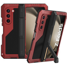 Samsung Galaxy Z Fold5 metalen hoesje met scharnierbescherming, aluminium frame en zachte siliconen, robuuste harde hoes met standaard – rood