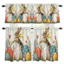 Easter Rabbit Kitchen Curtains & Valance Set, Spring Watercolor Eggs Floral on Beige, Rod Pocket, 27.5x36in, Compatible with Standard Rods