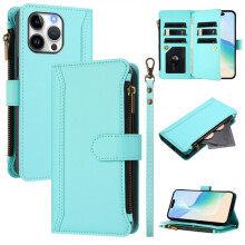 iPhone 16 Pro Max portemonneehoesje – PU-leer, magnetische sluiting, 9 kaartsleuven, ritsvak, afneembaar polsbandje, schokbestendig, mintgroen