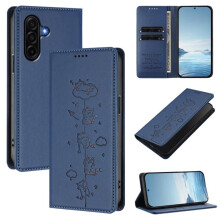 Leren flipcase voor Samsung Galaxy A57 5G – RFID-blokkering, kattenreliëf, magnetische sluiting, kaarthouder, donkerblauw