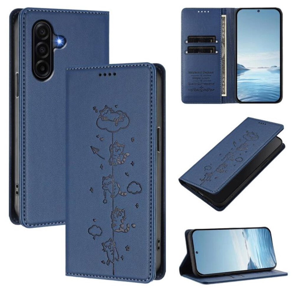 Leather Flip Wallet Case For Samsung Galaxy A57 5G Â Rfid Blocking, Cats Embossed, Magnetic Closure, Card Holder, Dark Blue 9340959355259