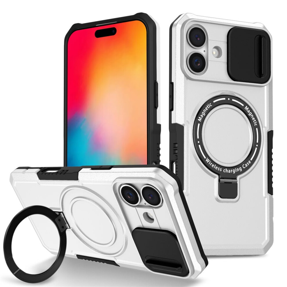 Iphone 16 Plus 6.7" Case Â Sliding Camera Cover, Magsafe Compatible, Shockproof, Hidden Kickstand & Ring Holder, White 9340959353880
