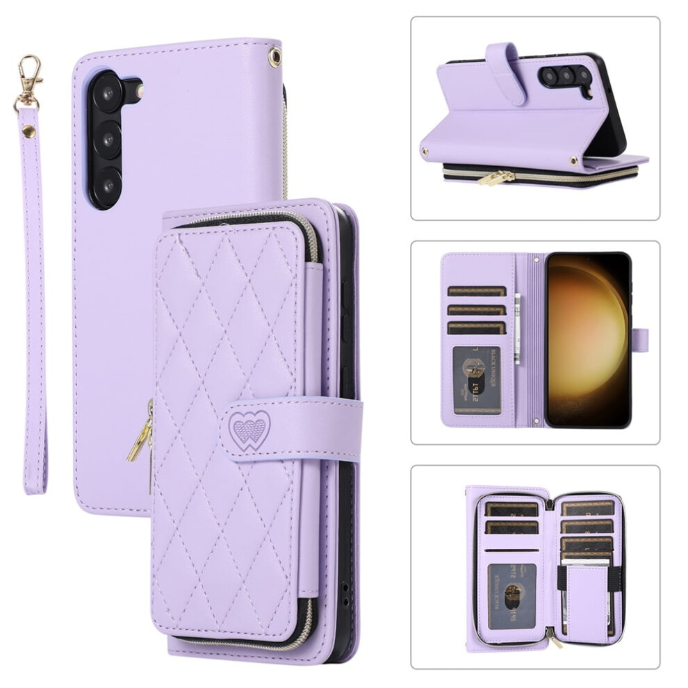Luxury Leather Wallet Case With Wrist/Shoulder Strap, 9 Card Slots & Zipper Purse For Samsung Galaxy S23+ 5G (6.6") – Purple 9340959353699