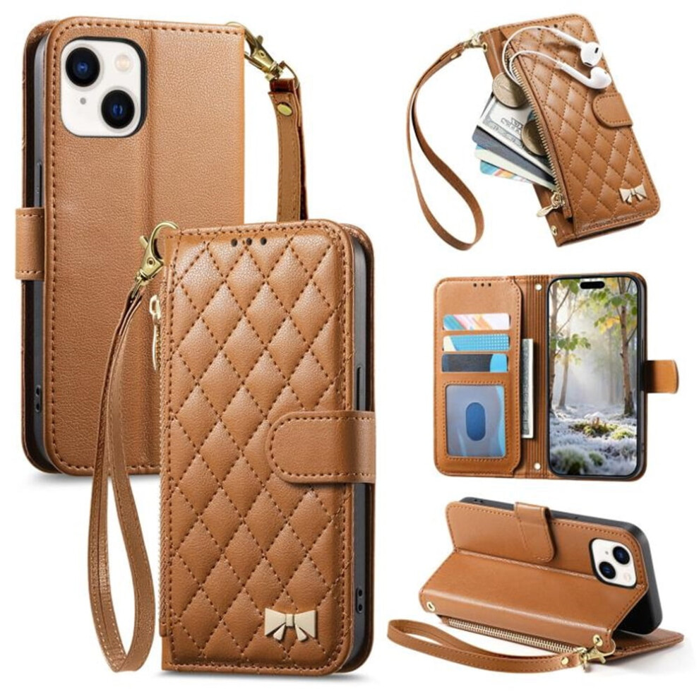Pu Leather Bowknot Flip Wallet Case For Iphone 15 Plus Brown 968604547317