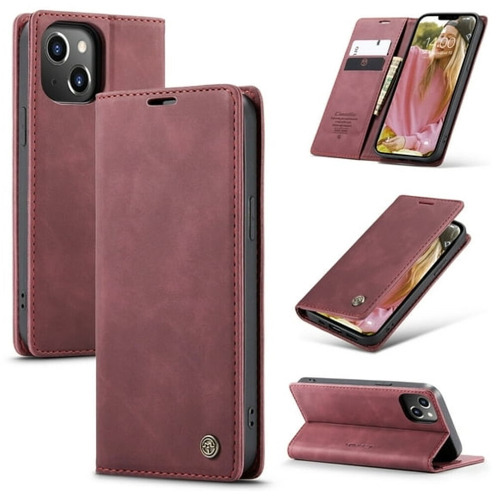 Caseme Leather Flip Wallet Case For Compatible With Iphone 13 Â Wine Magnetic Closure, Card Holder, Shockproof, Kickstand Red 9482828645860