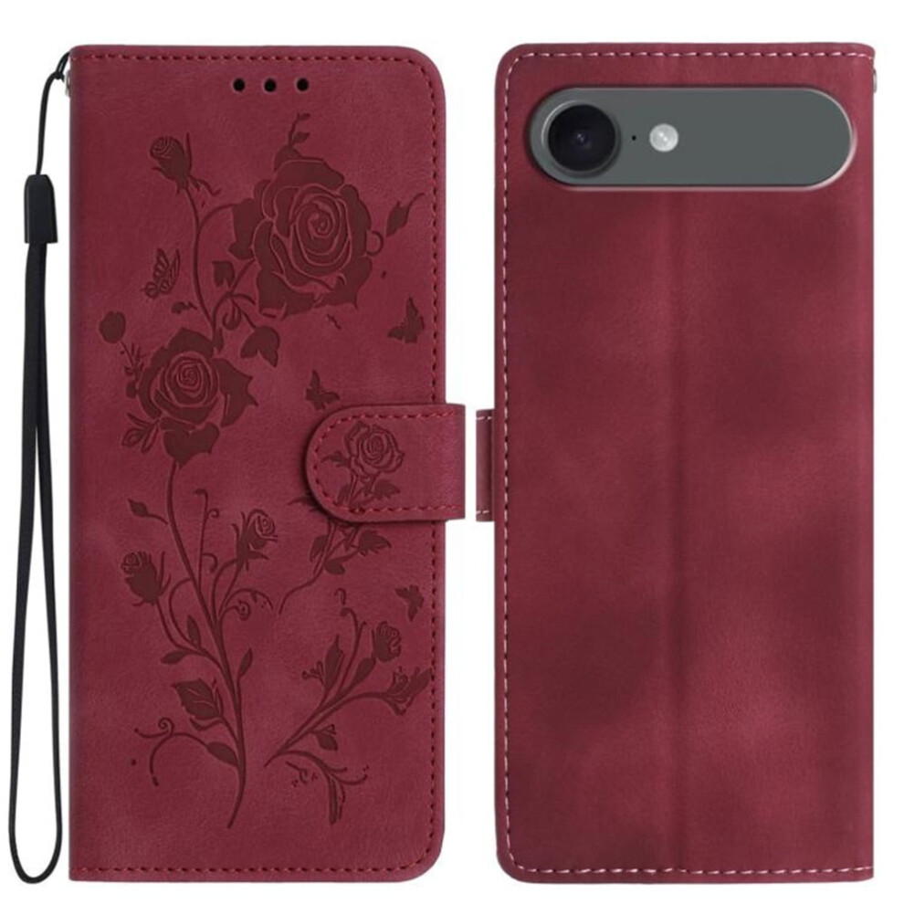 Pu Leather Flip Wallet Case With Rose Embossed Magnetic Closure & Card Slots, Compatible With Iphone Air 6.5" Red 9773935339118