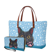 Ensemble sac à main et pochette 2 pièces pour femme à motif patte de chat noir – Sacoche portable + portefeuille, grand sac bandoulière pour