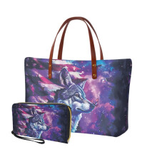 2er-Pack Handtaschen-Set mit amerikanischer Flagge, Galaxy-Wolf-Print für Damen – Lässige Henkeltasche & multifunktionale Geldbörse, geeignet