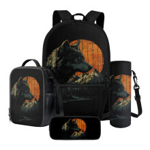 Wolf Sunset Snow Mountain Print School Bag Set (4pcs): Bookbag, Pencil Case, Lunch Box, Water Bottle Holder – Compatible with Teens & Kids