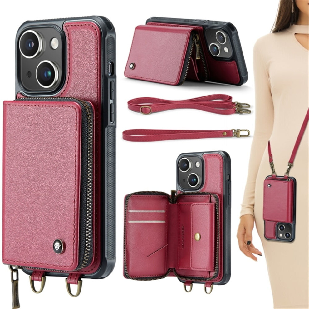 Rfid Wallet Case Compatible With Iphone 13 6.1" Â Protective Purse With Card Slots, Kickstand, Wrist Strap, Zipper, Wine Red 9357860047852