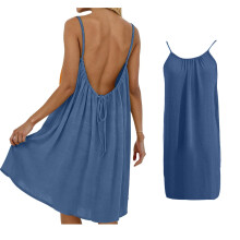 Women's Blue Sleeveless Backless Cami Dress, Mid-Length