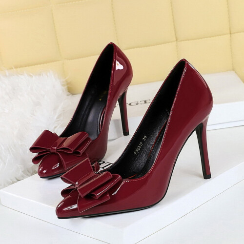 Women's Bow Leather Pointed Toe High Heel Pumps