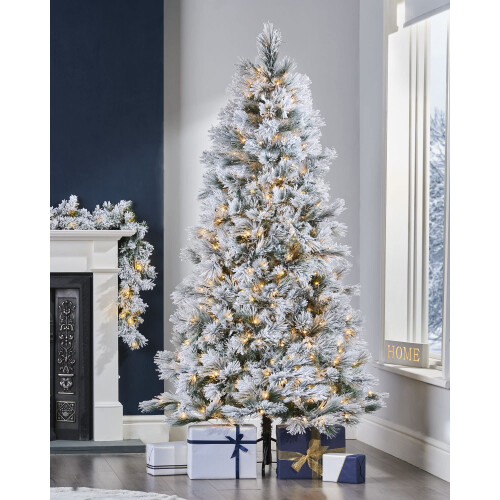 WeRChristmas Pre-lit Snow Drift Flocked Pine Needle Christmas Tree, Multi-Function LED Lights, Warm White, 6 feet/1.8 m 1