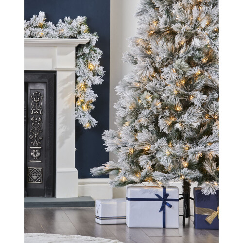 WeRChristmas Pre-lit Snow Drift Flocked Pine Needle Christmas Tree, Multi-Function LED Lights, Warm White, 6 feet/1.8 m 2
