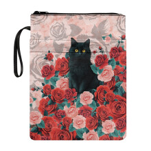 Estojo organizador de livros com zíper, feito de tecido de poliéster leve, para transporte de livros de leitura, 29 x 22 cm, estampa de gato e rosa.