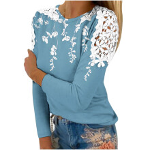 Tops de crochet con encaje y estampado floral para mujer, camisetas de manga larga con cuello redondo y aberturas, estilo casual elegante, tipo