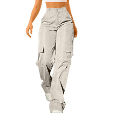 Women's Stretch Cargo Pants Elastic Waist 6 Pockets Beige L