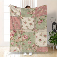 Floral Flannel Throw Blanket Pastel Pink Green Beige 280GSM