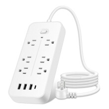 Stiall Cumhachta Cosantóir Borrtha 10-in-1 le 6 Asraon AC, 3 Chalafort USB (2 5V, 1 Cineál-C), Corda 3.9 troigh, Múchadh Uathoibríoch,