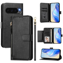 Portemonneehoesje voor Google Pixel 10 Pro XL 6,8 inch, met meerdere kaartsleuven, ritssluiting en leren afwerking, zwart.