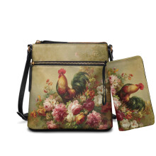 Rooster Peony Print Crossbody Hobo-taskesæt til kvinder – Læderskulderhåndtaske, tote, skoletaske, pung og messenger-pung med flere lommer