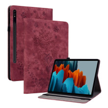 Perhos- ja ruusukuvioinen PU-nahkakotelo Samsung Galaxy Tab S9+:lle (12.4"), magneettinen jalusta, monikulmainen, kynäteline, punainen