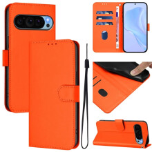 Portemonneehoesje compatibel met Google Pixel 9 Pro – Magnetische flip-folio van PU-leer, 3-kaartshouder en polsbandje, oranje