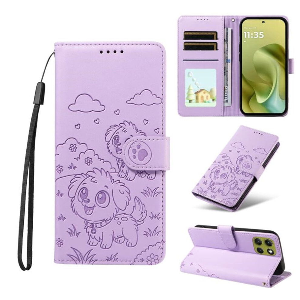 Leather Flip Case For Motorola Moto G86 5G: Dog Embossing, Rfid Wallet, Magnetic Clasp, Lanyard & Stand Purple 9340959358540