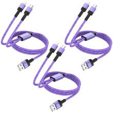 3-pack 4FT 2-i-1 USB-C-kabel: Kompatibel med iPhone, Android och Samsung, flätad nylon, 3A snabbladdning