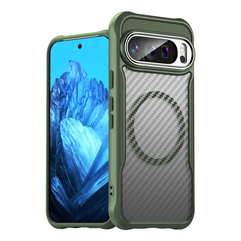 Carbon Fiber Magnetic Case For Google Pixel 9/9 Pro, Compatible With Magsafe – Translucent Matte, Anti-Fingerprint, Slim Shockproof, Green 9340959359189