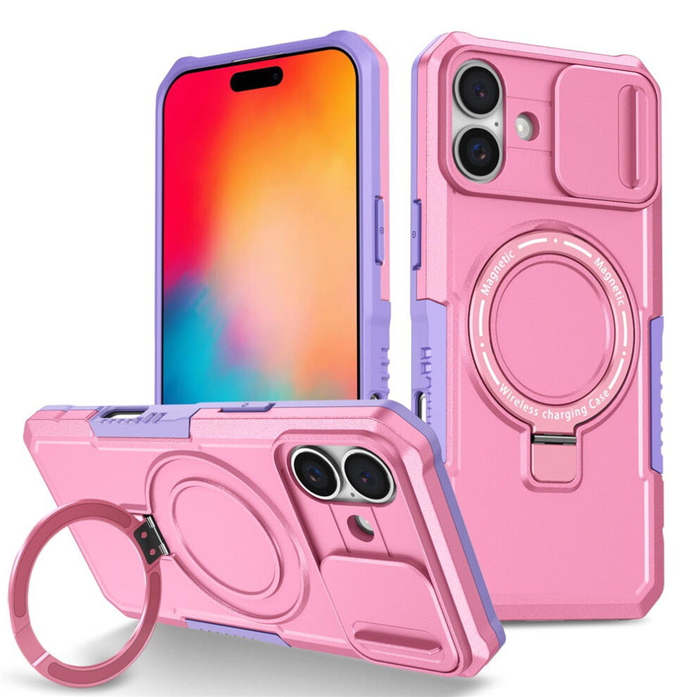 Shockproof Case For Iphone 16 Plus 6.7" Â Sliding Camera Cover, Magsafe Compatible, Hidden Kickstand & Ring Holder Pink 9340959357901