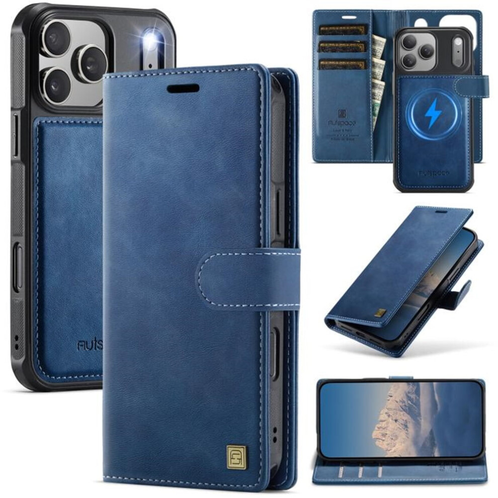 Rfid-Blocking Magsafe Purse Case For Iphone 17 Pro 6.3": 3-Card Slots, Kickstand, Flip Shockproof Cover, Blue 9482828647048