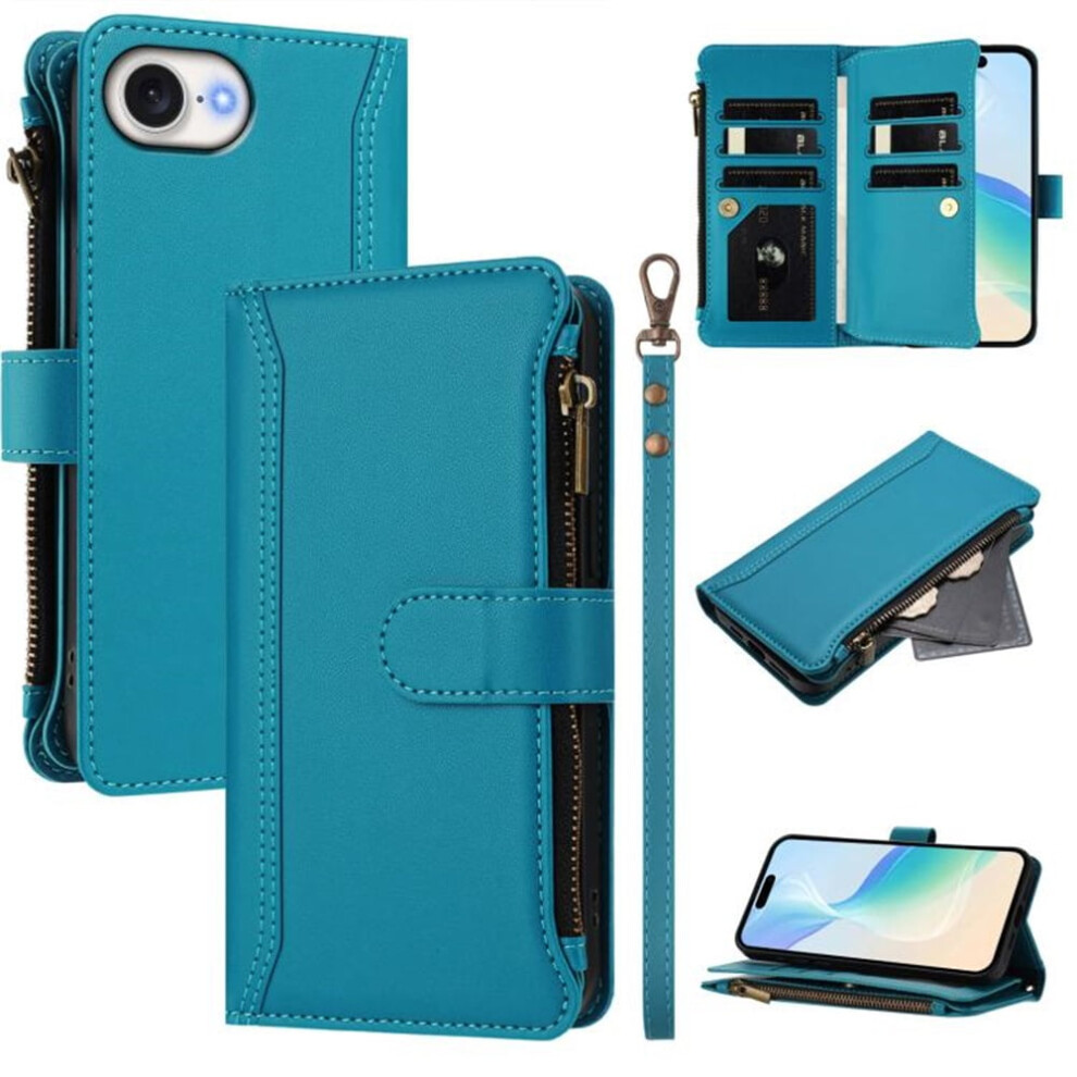 Iphone 16E Wallet Case Â Pu Leather Magnetic Flip, 9 Card Slots, Zipper Pocket, Detachable Wrist Strap, Shockproof, Turquoise, Compatible With Green 9482828646812