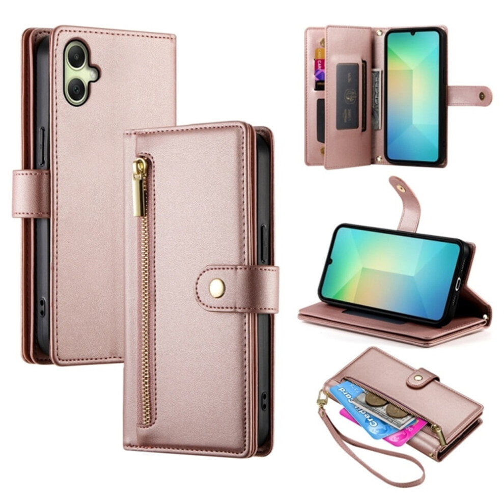 Leather Wallet Case For Samsung Galaxy A06 / A07 4G, 6.7", Multi-Card Slots, Zipper Pocket, Lanyard Strap, Wristlet Pink 9340959360680