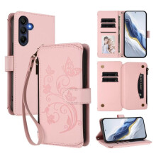 Flipcase met magnetische sluiting voor Samsung Galaxy A26 5G – Roze leren portemonnee met koord, 5-kaarthouder en vlinderbloemmotief