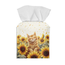 Capa para caixa de lenços de couro com estampa de girassol, design fofo de gatinho, formato retangular com botão de pressão – compatível com