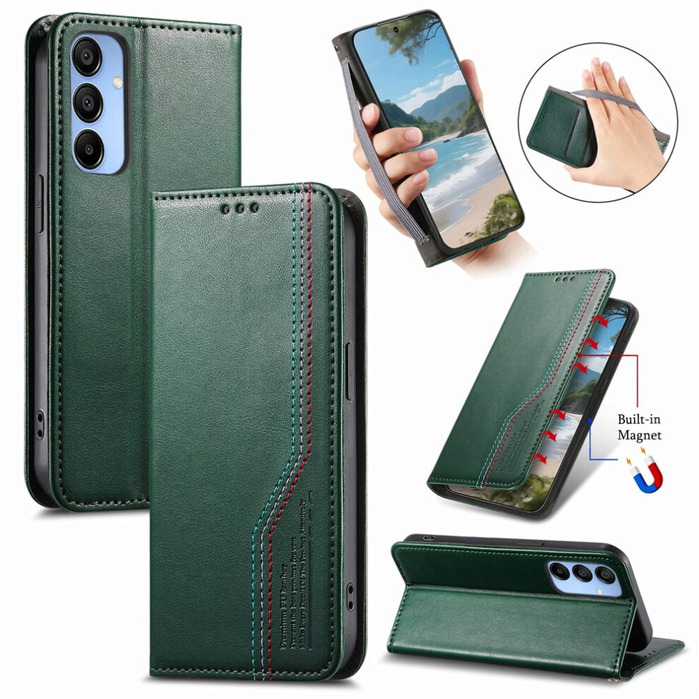 Leather Flip Stand Wallet Case With Magnetic Closure & Wristband For Samsung Galaxy A15 6.5-Inch Green 9773935345508