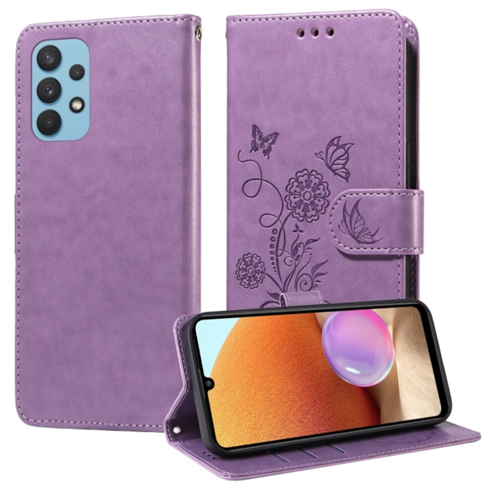 Embossed Butterfly Flower Flip Case For Samsung Galaxy A32 4G Â Shockproof, Kickstand, Card & Cash Slots Purple 9357860054744