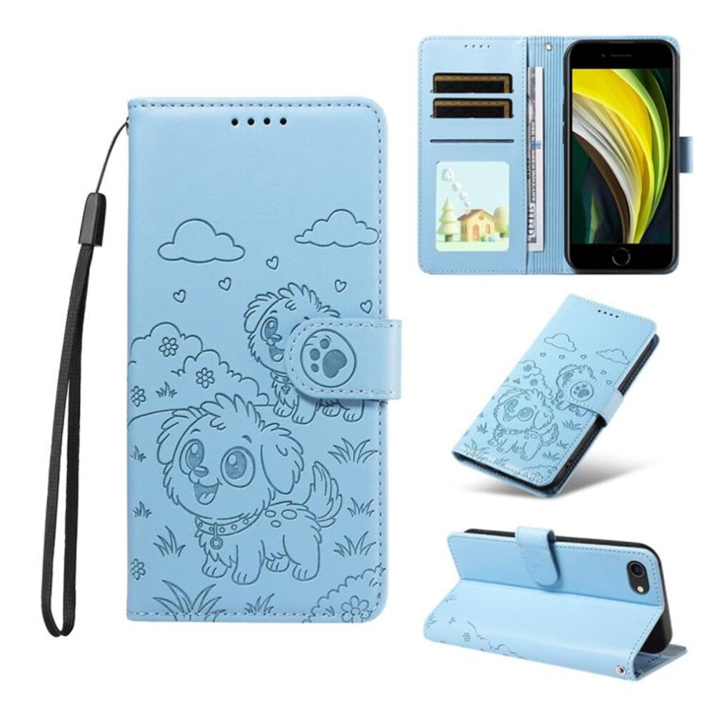 Iphone Se 2022 Dog Embossing Leather Case With Rfid Wallet, Magnetic Clasp, Lanyard & Flip Stand Â Blue 9773935346086