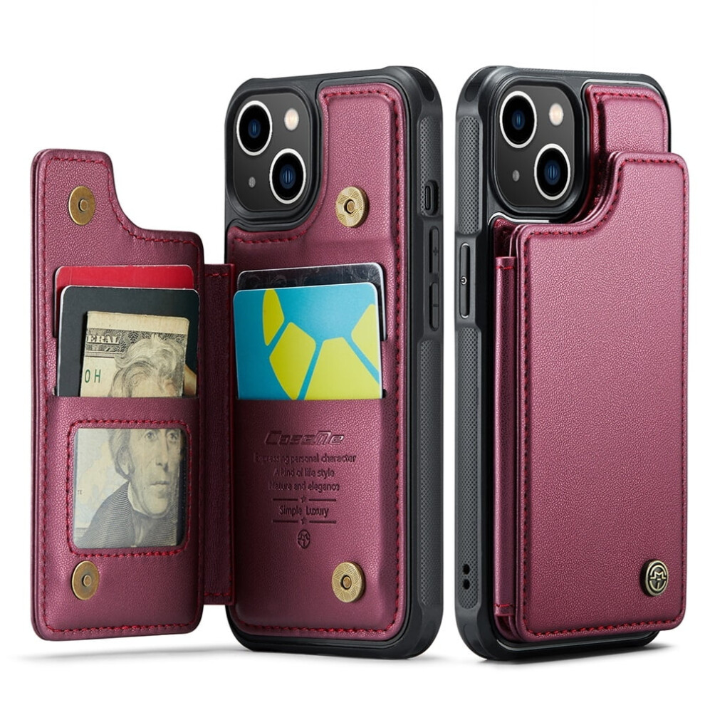 Caseme Leather Wallet Case For Iphone 14 (6.1"), Rfid Blocking, Magnetic Clasp, Kickstand, Shockproof Â Wine Red 9357860053570
