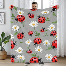 Vintage Ladybug Flannel Throw Blanket - Ultra-Soft Cozy All-Season Blanket, Red & Green Ladybugs on Gray, for Bed Couch Camping Office, Holiday Gift