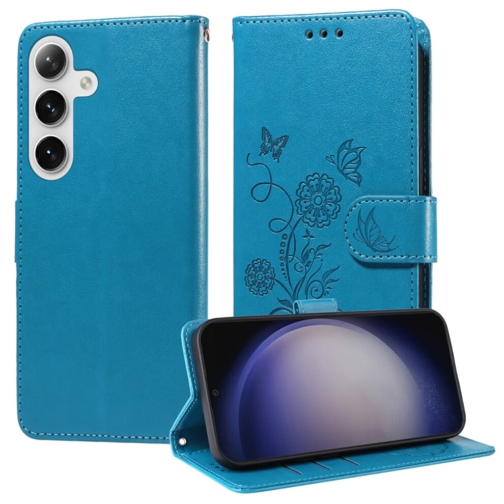 Embossed Butterfly Flower Flip Leather Case For Samsung Galaxy S25+ 5G Â Shockproof, Kickstand, Card & Cash Slots Blue 9357860052948