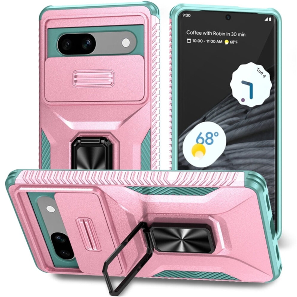 Slim Fit Shockproof Hybrid Case For Google Pixel 7A, Slide Camera Cover & Rotated Ring Kickstand, Military-Grade, Pink/Green 9357860053426