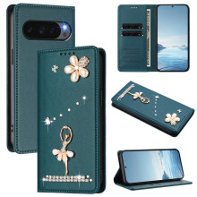 RFID Blocking Ballet Girl Flip Wallet Leather Case for Google Pixel 10 / Pixel 10 Pro – Dark Green, Magnetic Closure, Card Holder