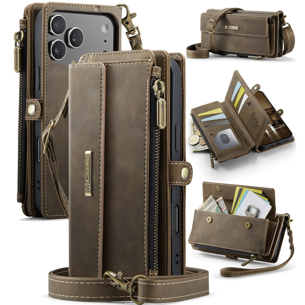 Caseme Wallet Case For Iphone 17 Pro Max 6.9", Rfid-Blocking Pu Leather, Kickstand, Wrist Strap, Zipper Card Slot Â Coffee Brown 9357860054997