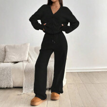 Ensemble 2 pièces automne décontracté pour femme : cardigan à poche et pantalon noir, taille L