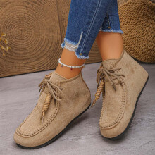 Botas planas Willtoo para mujer, de gamuza sintética, con cordones, puntera ancha redonda, estilo retro, calzado urbano, botines planos color caqui.