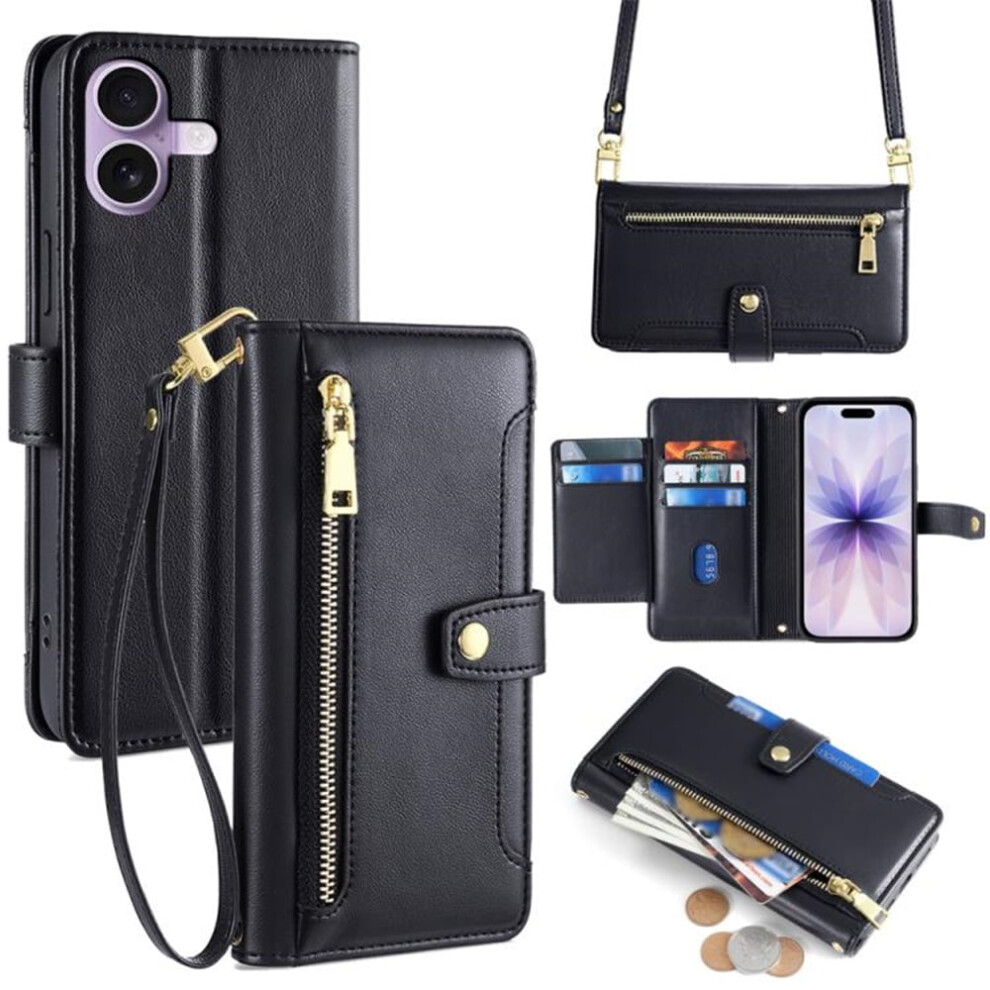 Leather Wallet Case For Compatible With Iphone 17 6.3" Â 6-Card Holder, Zipper Bills Slot, Soft Sheepskin Strap, Black 9357860054133